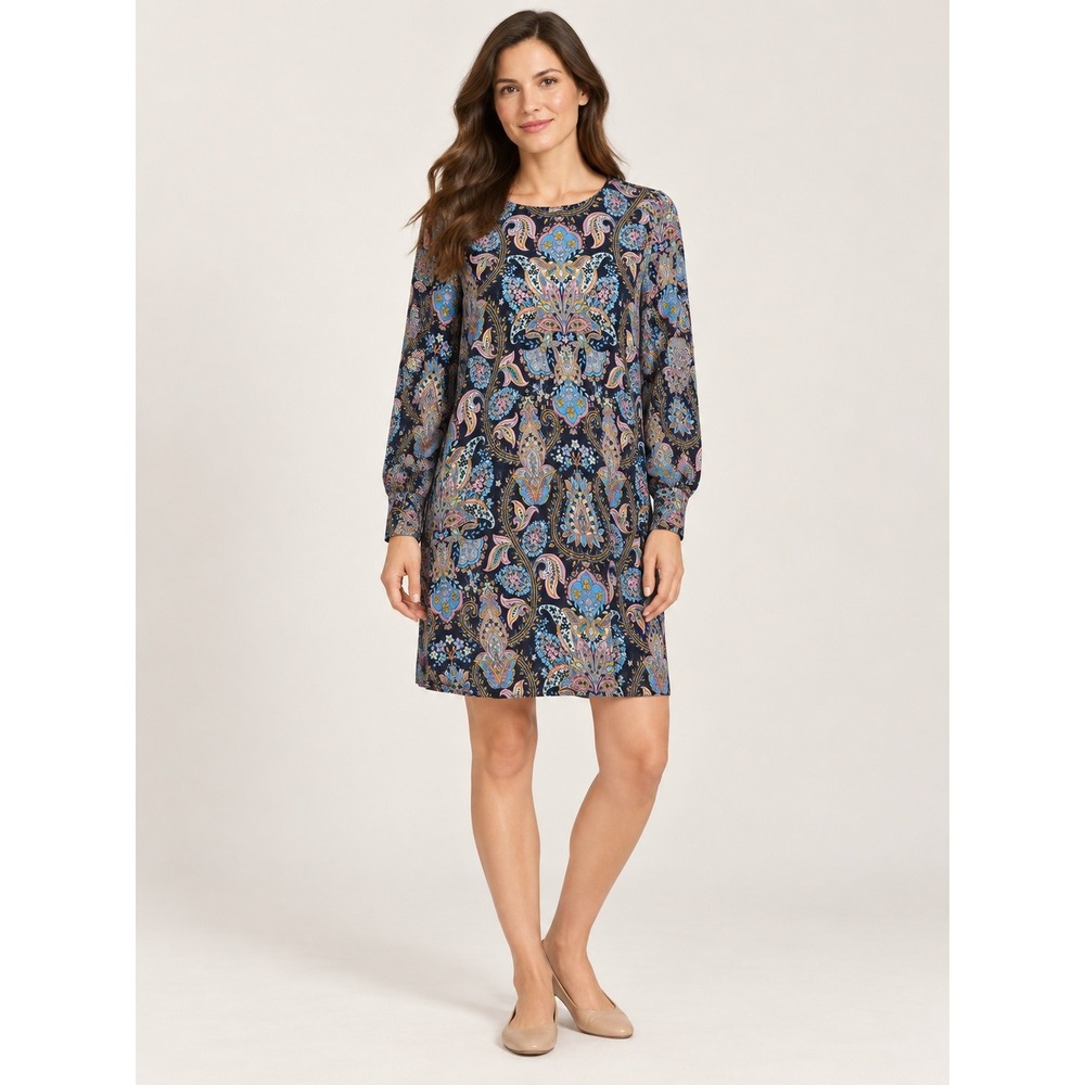 LOFT Paisley Shift Dress Womens LP Navy Blue Long Sleeve Boho Petite